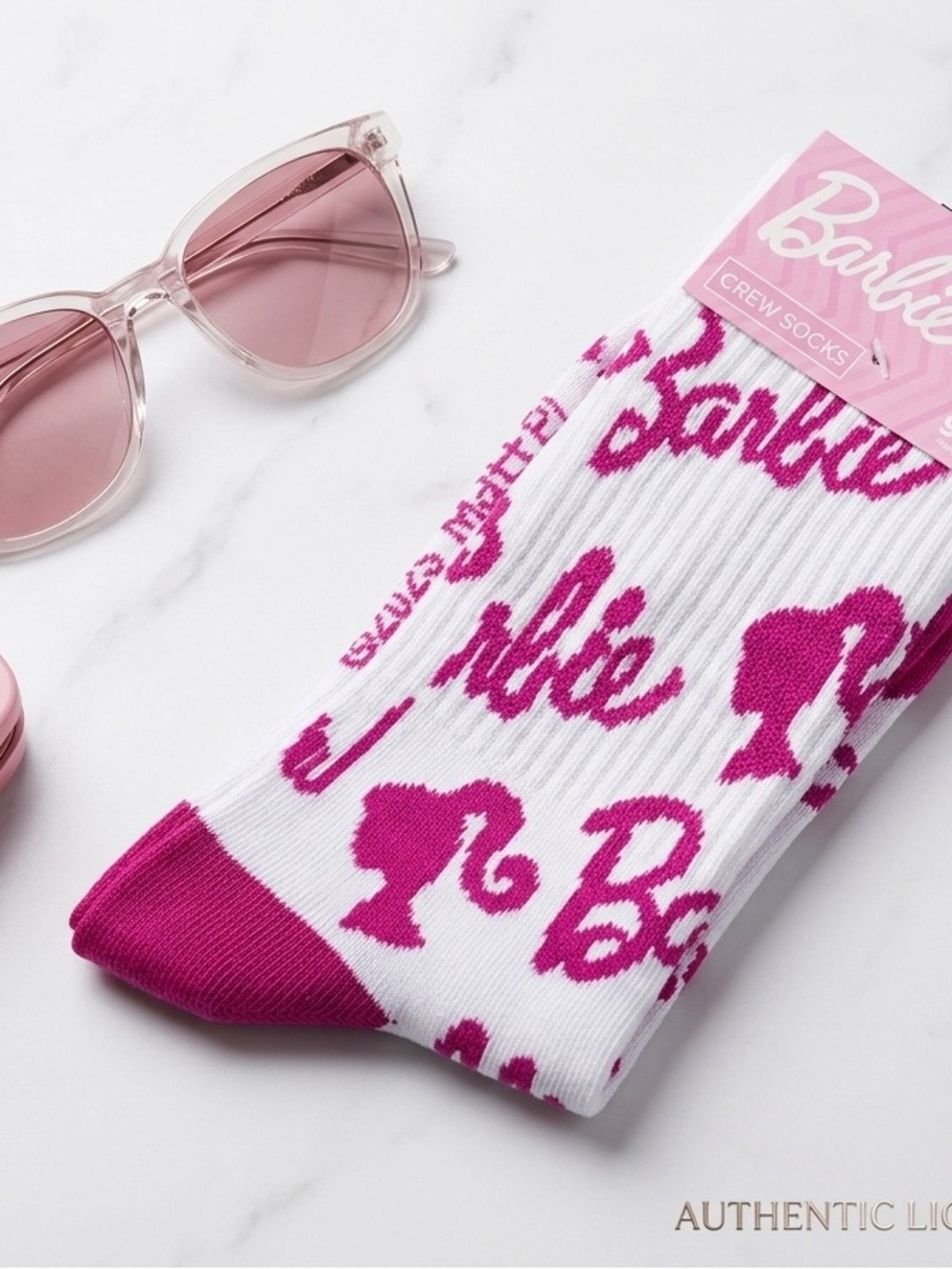 NWT Barbie Pink & White Logo Crew Socks Size 9-13 New